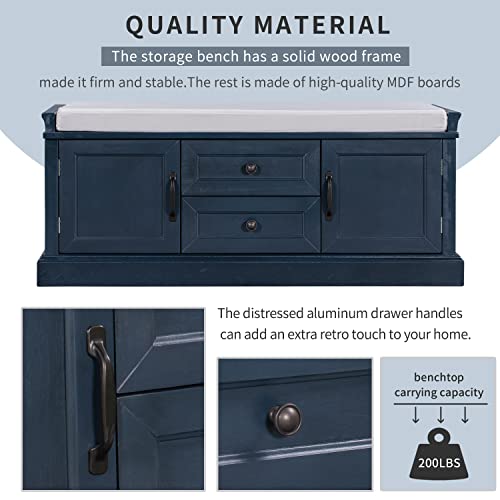 P PURLOVE Wood Entryway Storage Bench with 2 Cabinets and 2 Drawers, Wood Shoe Bench Storage Bench with Removable Cushion for BeadRoom,Hallway, Entryway,Assemble Required - color: Antique Navy, size: with 2 Drawers and 2 Cabinets