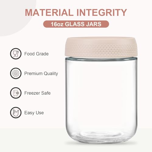 NETANY 6-pack 16oz Glass jars with Airtight Lids, Overnight Oats Containers with Lids, Wide mouth Mason Salad jars, Glass Food Storage Containers for Snacks Yogurt Spice Sugar-Beige - color: Beige-6pack-16oz