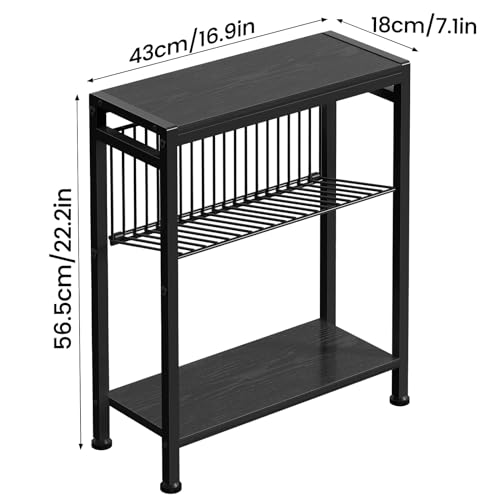 End Table Set of 2 for Small Space, 3-Tier Narrow Side Table with Magazine Holder,Slim Nightstand, Skinny Snack Couch Table in Living Room, Bedroom Study and Balcony (Black) - color: Black-2pcs
