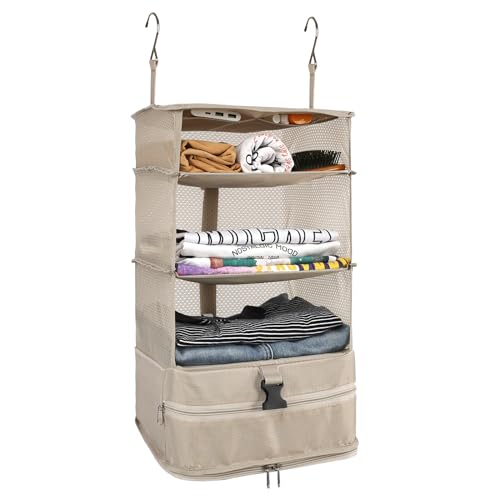 Surblue Hanging Closet Storage Bag Collapsible 3-Shelf Washable Oxford Fabric with 2 Hooks (L 11.41 * 11.41 * 19.68in, Beige) - color: Beige, size: L 11.41*11.41*19.68in