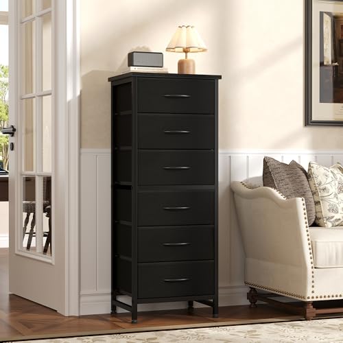 Sweetcrispy Tall Fabric Dresser for Bedroom, 6 Drawer Skinny Chest of Drawers, Narrow Storage Tower with Wood Top and Metal Frame, Vertical Nightstand for Closet, Bedroom Organization Furniture, Black - color: Black, size: 11.8"D x 15.7"W x 39.4"H (6 Draw
