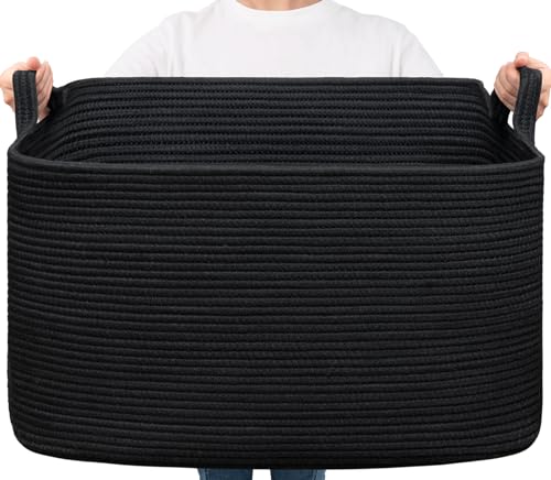 Goodpick Extra Large Storage Basket, 23.6" x 15.7" x 13.8" Rectangle Cotton Rope Basket for Blankets, Pillows, Toys, Woven Dirty Clothes Baskets for Laundry, Black - color: Black, size: X-Large(23.6"L x 15.7"W x 13.8"H)