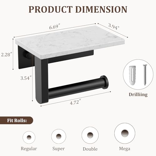 BWE Matte Black Toilet Paper Holder with Marble Shelf, Toilet Paper Roll Holder Wall Mounted, Toilet Paper Roll Holder with Phone Shelf 304 Stainless Steel Tissue Holder for Bathroom Washroom - color: Black