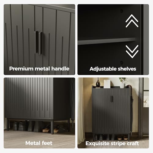 Mericonia Modern Shoe Cabinet with Metal Legs, Farmhouse Large 5-Tier Shoe Storage Cabinet with Doors, Wooden Shoe Organizer for Entryway, Hallway, Bedroom, Living Room (Modern Shoe Cabinet, Black) - color: A-black