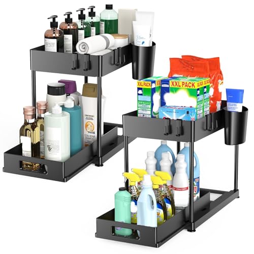 2 Pack Under Sink Organizer with Pull-Out Drawer, 2-Tier Cabinet Storage for Kitchen & Bathroom, Tool-Free Assembly, Fits Cleaning Supplies & Toiletries, Space Saving for Small Cabinets, Black