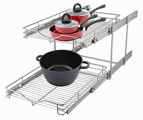 DINDON 2 Tier Pull Out Cabinet Organizer (14" W X 18" D), Double Tier Wire Basket Slide Out Shelf Storage for Kitchen Base Cabinet Organization for Kitchen, Pantry, Bathroom, Chrome - size: 14'' W X 18'' D