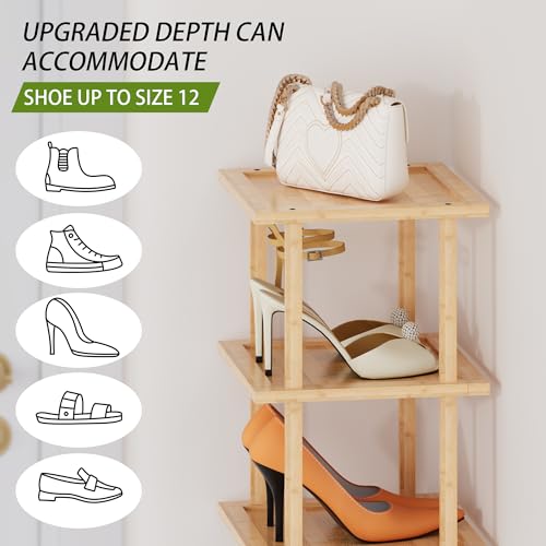 Vertical Tall Shoe Rack Organizer for Entryway -12 Tier Free Standing Slim Narrow Bamboo Wood Corner Stackable Shoe Boots Storage Stand Small Spaces for Closet Garage Cloakroom Living Room (Nature) - color: Nature, size: 12 Tier