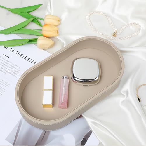 Oval Desk Valet Tray, PU Leather Perfume Dish Bowl for Keys Wallet Watch, Decorative Trinket Vanity Jewelry Tray, Entryway Nightstand Organizer Women Men (Beige) - color: Beige
