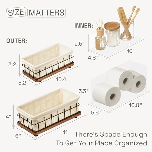 BAOBAB WORKSHOP Wooden Bathroom Basket Organizer & Storage, Toilet Paper Basket for Back of Toilet Tank Topper Tray, Paper Holder Basket for Bathroom Decor Box with Liners, Solid Wood & Wire, Set of 2