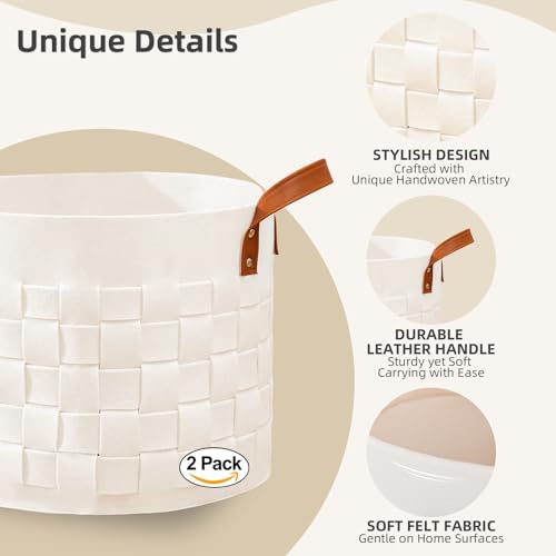 BOLDMONKEY Blankets Basket 15" x15 " x13 " 2 Pack, Round Laundry Hamper with Leather Handle, Soft Dog Toy Basket for Storage-Beige - color: Beige