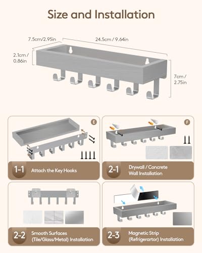 Key Holder Wall Mount Adhesive Magnetic - Hanging Key Hooks with Mail Organizer Tray for Wallet House Accessories - Keys Hanger Rack with Shelf for Camper Entryway Door Home Living Room Decor Grey - color: Gray, size: Medium