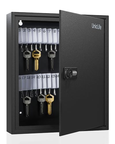 Uniclife 60 Position Slotted Key Cabinet with Combination Lock Resettable Black Digital Security Storage Box Steel Key Organizer with Slotted Racks White Key Tag Labels and Permanent Pen - color: Black, size: 60 Keys