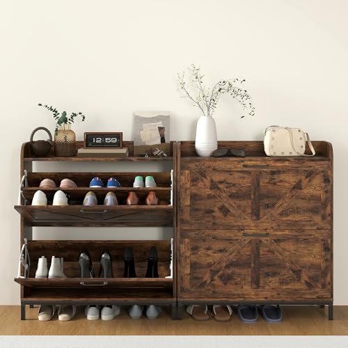 HOMCOM Shoe Storage Cabinet with 2 Flip Drawers, Legs, Farmhouse Freestanding Narrow Shoe Cabinet, Slim Hidden Rack Organizer for Entryway, Hallway, Rustic Brown Wood Grain - color: Rustic Brown