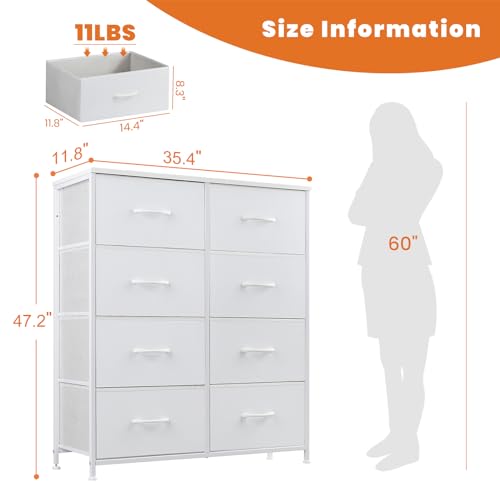 Sweetcrispy Dresser for Bedroom, Chest Organizer Unit with 8 Fabric Bins, Fabric Storage Tower, Drawer Organizer with Steel Frame, Wooden Top for Living Room, Closet - color: White, size: 31.5"D x 11.8"W x 36.4"H (8 Drawers)