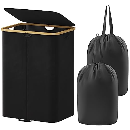 Lifewit 150L Double Laundry Hamper with Lid, Large Laundry Basket with Removable Bag & Bamboo Handles, Fodable Tall Dirty Clothes Hamper for Laundry Collapsible Bin for Bathroom Bedroom Dorm, Black - color: Black, size: 150L