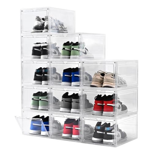 Large Shoe Boxes Clear Plastic Stackable，Drop Front Shoe Box with Clear Door, Shoe Containers For Sneaker Display,Fit up to US Size12 - color: clear, size: 12 pack