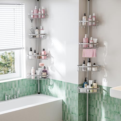 ESSEME Corner Shower Caddy Tension Pole: Adjustable Rustproof 4-Tier Inside Bathroom Organizer - 47-121 inch Quick Installation Bathtub Shelves for Shampoo Storage - Rod Floor Standing Bath Rack - color: Silver