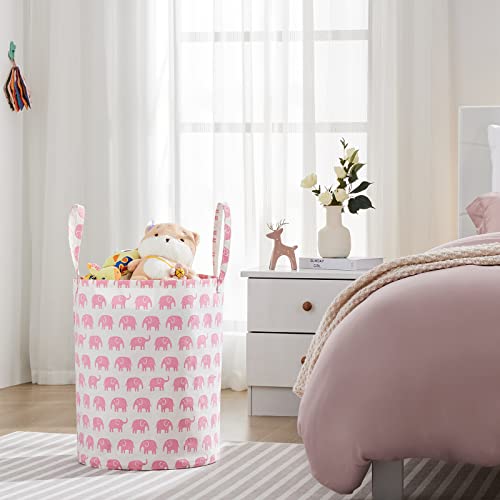 Large Storage Basket for Girls and Boys, Collapsible Laundry Hamper with Long Handles, Toy Bins for Nursery, Kids Room Décor Pink Elephant - color: Pink Elephant, size: 1 Pack