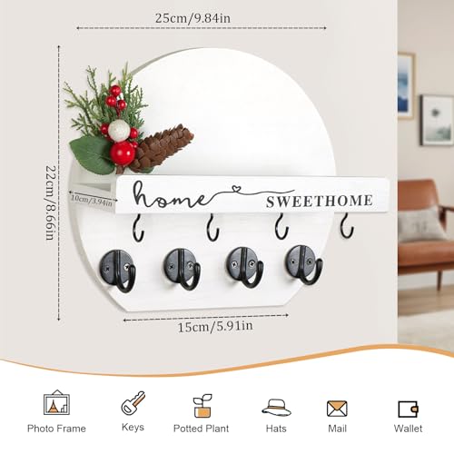 Key Holder for Wall, Key and Mail Holder Organizer - Key Holder Wall Mount with Bouquet Shelf and Key Hooks, Round Wooden Rustic Key Rack for Entryway and Home Decor (White&Black) - color: White&Black