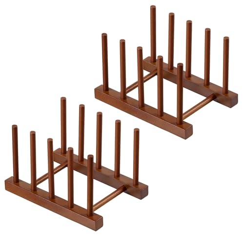 HBlife 2pcs Teak Dish Plate Bowl Cup Book Pot Lid Cutting Board Drying Rack Stand Drainer Storage Holder Organizer Kitchen Cabinet（Keep Dry） - color: Teak 4 Slots 2pcs