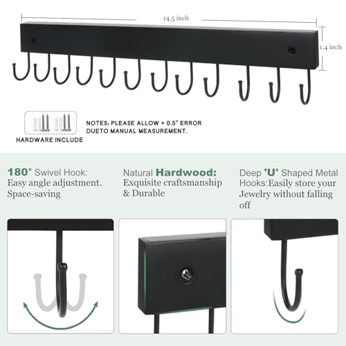 2 Pack Purse Organizer Wall Mount with 24 Rotating 180° Coat Rack, 14.6" Wooden Entryway Purse Holder, Wall Hooks for Hanging Belts, Ties, Keys, Scarf, Bras, Bag, Space Saving Hanger (Black) - color: Black