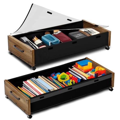 KITHELP Wooden Under Bed Storage with Wheels, 80L Extra-large Rolling Under the Bed Storage Bins 2 Pack with Removable Lid, Upgrade Metal Under Bed Drawers for Clothes Shoes Blankets in Bedroom - color: Walnut Brown 90cm-2 pack
