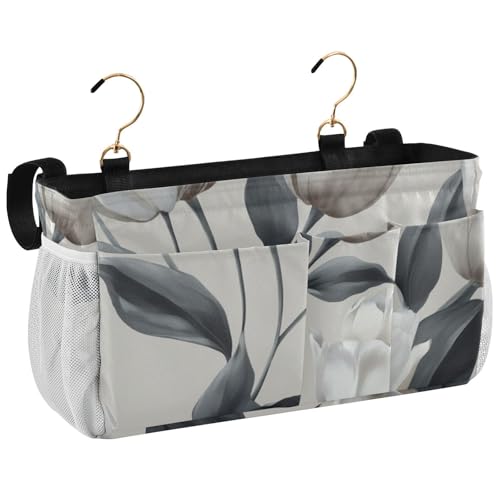 Bedside Caddy Metal Frame Hanging Organizer Bunk Bed Dorm Accessories Hook And Loop Storage Bag Large Pockets Light Grey Tulip Flowers - color: Light Grey Tulip Flowers