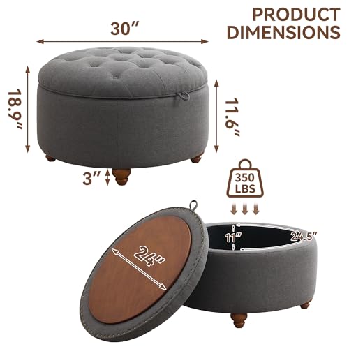 WUTUTUEE 30Inch Round Storage Ottoman with Tray, Modern Tufted Fabric Circle Coffee Table with Storage, Upholstered Ottoman with Removable Top for Living Room, Bedroom, Dark Grey - color: Dark Grey, size: 30 Inch