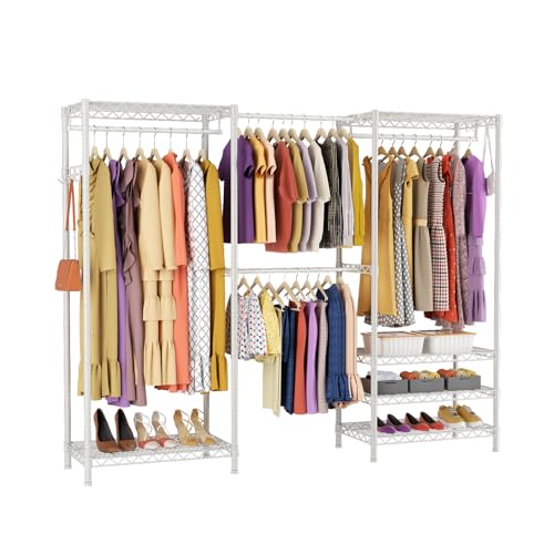 Heavy Duty Closet Garment Rack, 6 Tiers Adjustable Metal Freestanding Expandable Clothing Storage with 4 Hanger Rods, Easy to Assemble Wardrobe, 71.4" H x (70" - 88.2") L x 14" D, White - color: White