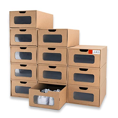 Shoe Box 12 Pack,13.2 x 8.3 x 5.1in Waterproof Storage Boxes, Socks, Stationery, Toys, Underwear,Heavy Duty,Stack-able Cardboard Boxes,with Marking Labels,Transparent Window - size: Standard Size (13.2'' x 8.3'' x 5.1'')