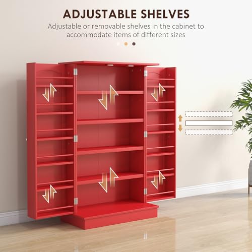 HOMCOM 41" Kitchen Pantry Storage Cabinet, Freestanding Kitchen Cabinet with 12 Door Shelves, Double Doors, 5-Tier Shelving and Adjustable Shelves, Red - color: Red, size: 41"H