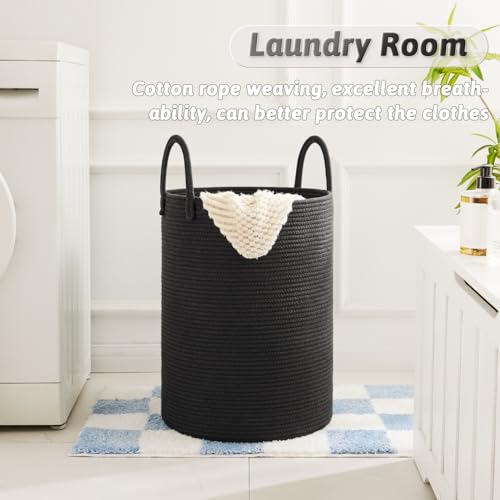 Artfeel Laundry Basket,Woven Cotton Rope Laundry Hamper,60L for Decorative Storage of Dirty Clothes,Toys and Blankets in Bathroom,Baby Room and Living Room - color: Dark black, size: 60L
