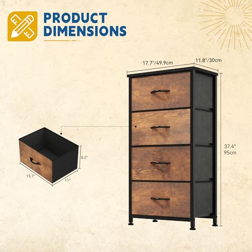 DWVO Dresser with 4 Drawers - Fabric Storage Tower, Organizer Unit for Living Room, Hallway, Closets - color: Rustic Brown, style: 4-Drawer