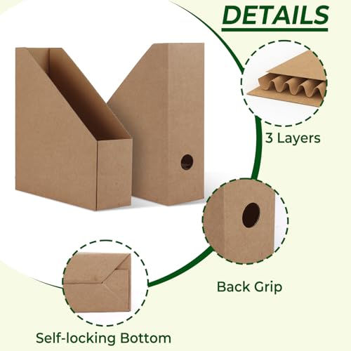 EXYGLO 12 Pack Brown Magazine File Holder, Cardboard Magazine Rack with Label, Foldable Storage Organizer Box for Book, Documents, 10x3.3x12 Inches - color: Brown