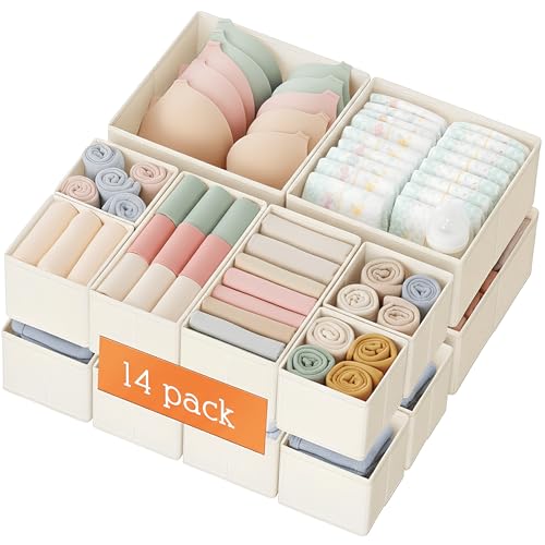 Criusia Drawer Organizer Clothes, 14 Pack Dresser Organizer for Baby Clothes, Underwear, Sock- Foldable Closet Organization and Storage Dividers Bins for Nursery, Bedroom and Dorm (Beige) - color: Beige, size: 14PACK