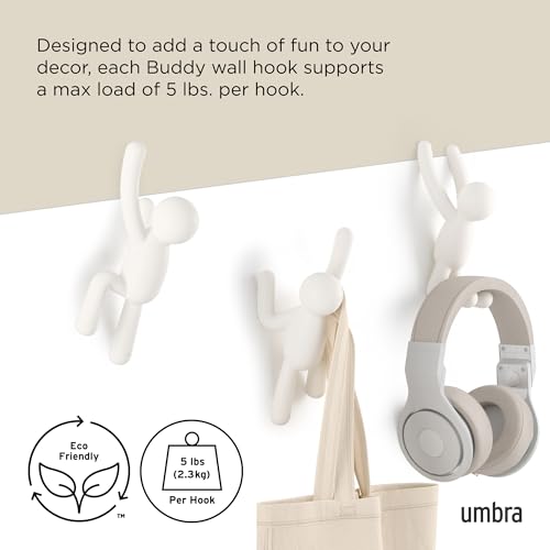 Umbra Buddy Wall Hooks – Decorative Wall Mounted Coat Hooks for Hanging Coats, Scarves, Bags, Purses, Backpacks, Towels and More, Set of 3, White - color: White