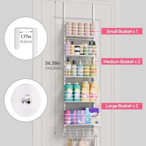 SWTYMIKI Over The Door Organizer - Door Organizer Hanging with 5 Adjustable Metal Large Capacity Basket and 6 Coat Hook, Wall Mounted Shelf for Bedroom Closet Bathroom Laundry Pantry Cabinet Kitchen - color: White
