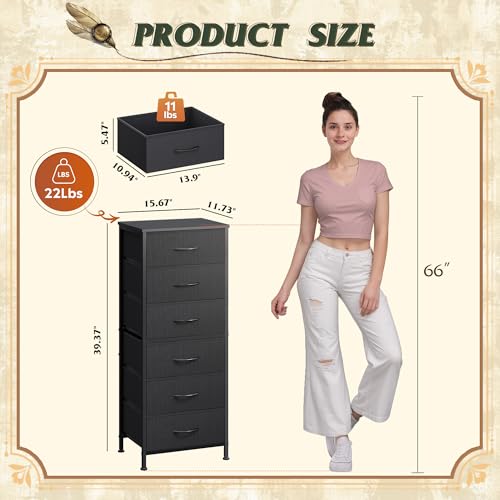 WLIVE Tall Black Dresser for Bedroom, 6 Drawer Vertical Fabric Dresser, Skinny Chest of Drawers for Closet, Narrow Storage Tower with Wood Top and Metal Frame, Tall Nightstand for Small Spaces - color: Black, size: 11.73"D x 15.67"W x 39.37"H