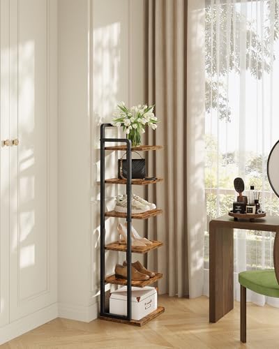 CHOEZON 6-Tier Vertical Shoe Rack, Narrow Shoe Tower, Corner Shoe Storage Organizer, Shoe Shelf, for Small Spaces, Industrial Style, for Entryway, Hallway, Living Room, Rustic Brown and Black TXJ06BF - color: Rustic Brown, Black, size: 11.7"L x 8.9"W x 40