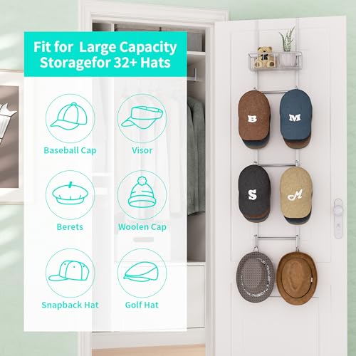 HapiRm Over Door Hat Rack - Wall Mounted Hat Organizer with 6 Hooks and Metal Basket Design, Baseball Cap Organizer Storage Holder Up to 32 Caps for Door, Bedroom, Closet (Sliver) - color: Sliver, size: 1 Pack