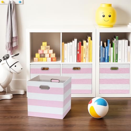 11 x 11 x 11 Inch Storage Bins, Collapsible Fabric Cubes, Cubby Organizer Bins Striped Container Baskets for Home Office Wardrobe Closet Shelf, Pack of 4, Pink/White - color: Pink/White, size: 11"x11"x11"