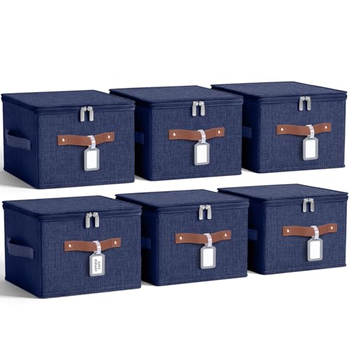 6 Pack Fabric Closet Storage Bins with Zipper Lids and Label, 10×8×7In Large Size Foldable Cotton Linen Storage Cubes Boxes with PU Leather Handles Holders for Bedroom, Nursery, Dark Blue - color: Dark Blue, size: 10×8×7in