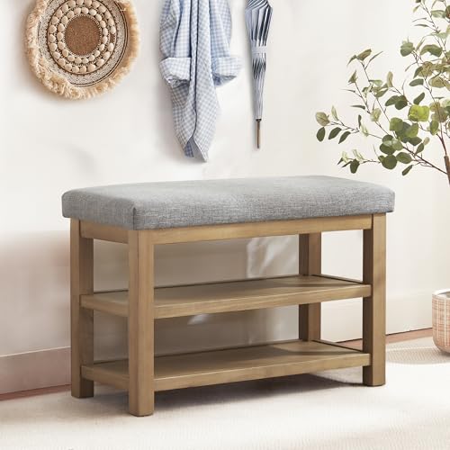 Zihanhome Shoe Rack Bench with Cushion, 2 Tier Solid Wood Storage Bench, Mid-Century Modern Shoe Bench for Entryway, Hallway, Closet, Front Door Entrance, Foyer (Grey, 31.5") - color: Grey, size: 31.5"