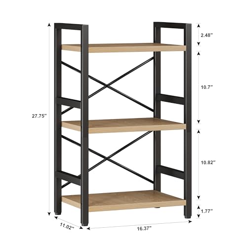 Homeiju Bookshelf, 3 Tier Industrial Bookcase, Metal Small Bookcase, Rustic Etagere Book Shelf Storage Organizer for Living Room, Bedroom, and Home Office(Light Coffee) Patent Pending D29873033 - color: Light Coffee, size: 3 Tier