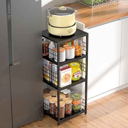 DAOUTIME Expandable Slim Storage Shelf, 4 Tier Metal Shelving Unit for Bathroom Storage Organizer, Freestanding Narrow Shelf for Small Spaces, Open Floor Shelves for Bathroom, Laundry Room, Kitchen - color: Black, size: 4-tier