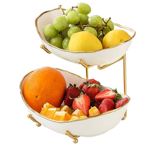 2 Tier Ceramic Fruit Bowl for Kitchen Counter, Tiered Fruit Basket for Countertop, Modern Multi Layer Fruit Display Stand for Party, Cute (Gold-rimmed, Small) - color: Gold-rimmed, size: Small