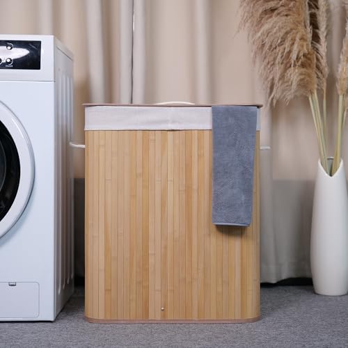 Bamboo Laundry Hamper Large 106L with Removable 4-Section Liner, Foldable Storage Basket with Lid and Handles for Bedroom, Laundry Room, Small Spaces – Natural - Rectangle - color: Natural - Rectangle