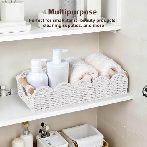 CubesLand Bathroom Basket Organizer w/Cut Out Handle, Back of Toilet Paper Storage Baskets Tray for Bathroom Countertop Decorative, Scalloped Wicker Basket Also for Home Decor, Living Room, White - color: White