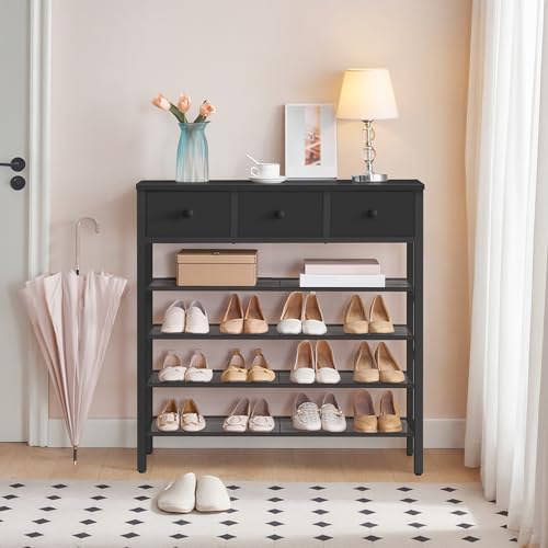 YATINEY 5-Tier Shoe Rack with 3 Drawers, Metal Shoe Organizer for 20 Pairs with Storage Shelves and Wooden Top, for Entryway, Hallway, Foyer, Closet, Black SS35BB - color: Black, size: 5 Tiers (37.6"H)