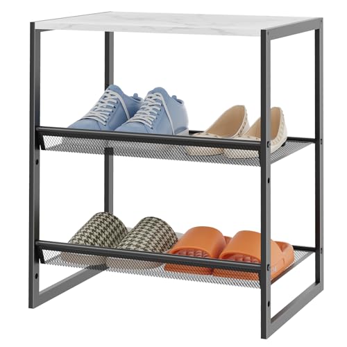 Garden 4 you Shoe Rack for Closet Narrow 3 Tiers, Small Shoe Rack with White Wooden Tabletop, Adjustable Metal Shoe Shelf for Closet Entryway Hallway Living Room - color: White, size: 3-Tier